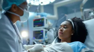 Médica atendendo paciente internada, representando a aplicação do protocolo de sepse em cenário clínico