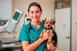 Profissional veterinária realizando gasometria veterinária em clínica, com animal de pequeno porte em atendimento