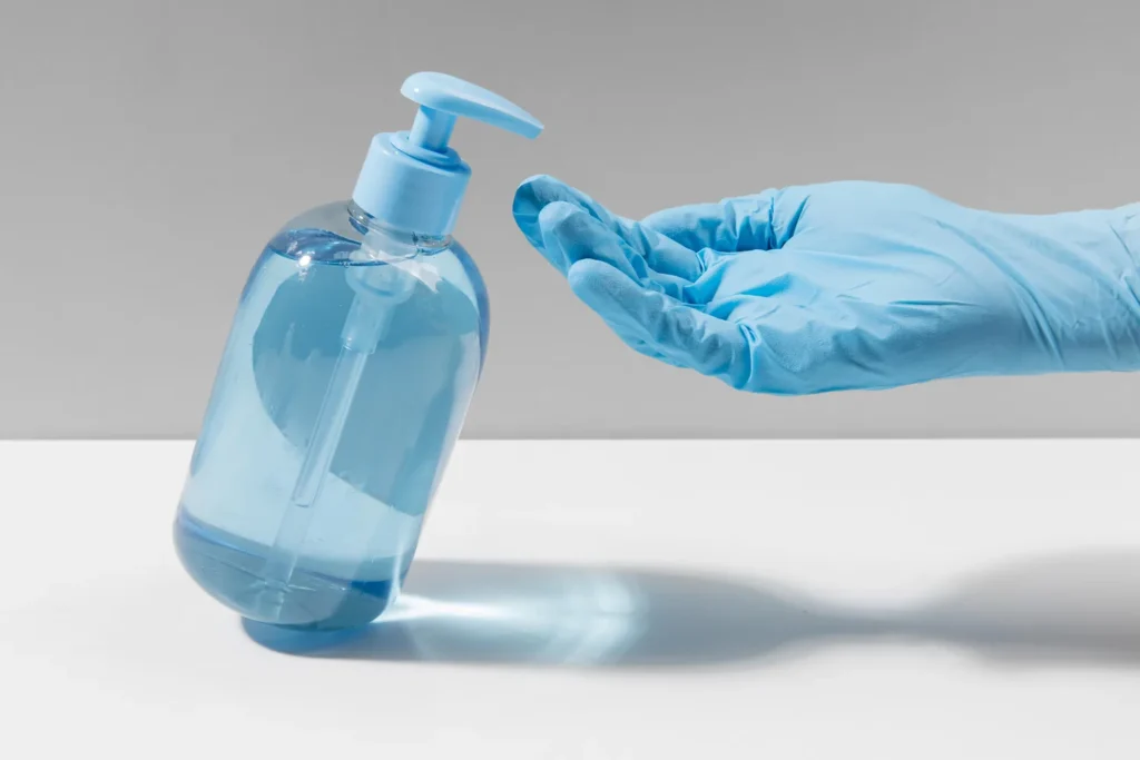 Mao com luva cirurgica azul recebendo gel alcoolico de frasco pump para antissepsia cirurgica das maos em ambiente hospitalar