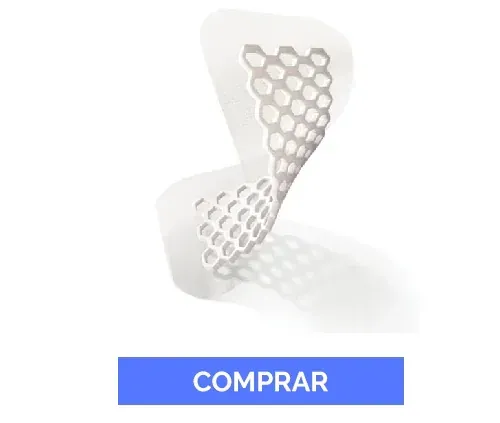 Curativo OPSITE™ perfurado com padrão hexagonal e botão Comprar, indicado para feridas com exsudato