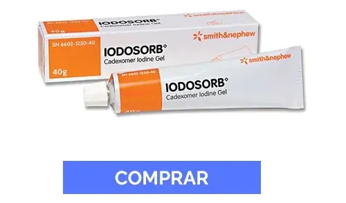Embalagem e bisnaga de IODOSORB™ gel de Cadexômero de iodo 40g com botão Comprar, usado em feridas com exsudato