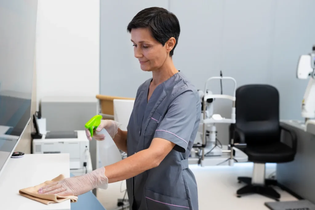 Profissional de saude com luvas higienizando superficie de consultorio com borrifador e pano para prevencao de toxicidade oral aguda