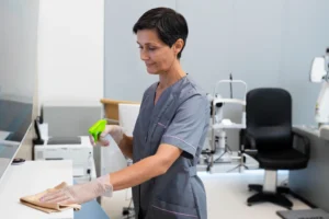Profissional de saude com luvas higienizando superficie de consultorio com borrifador e pano para prevencao de toxicidade oral aguda
