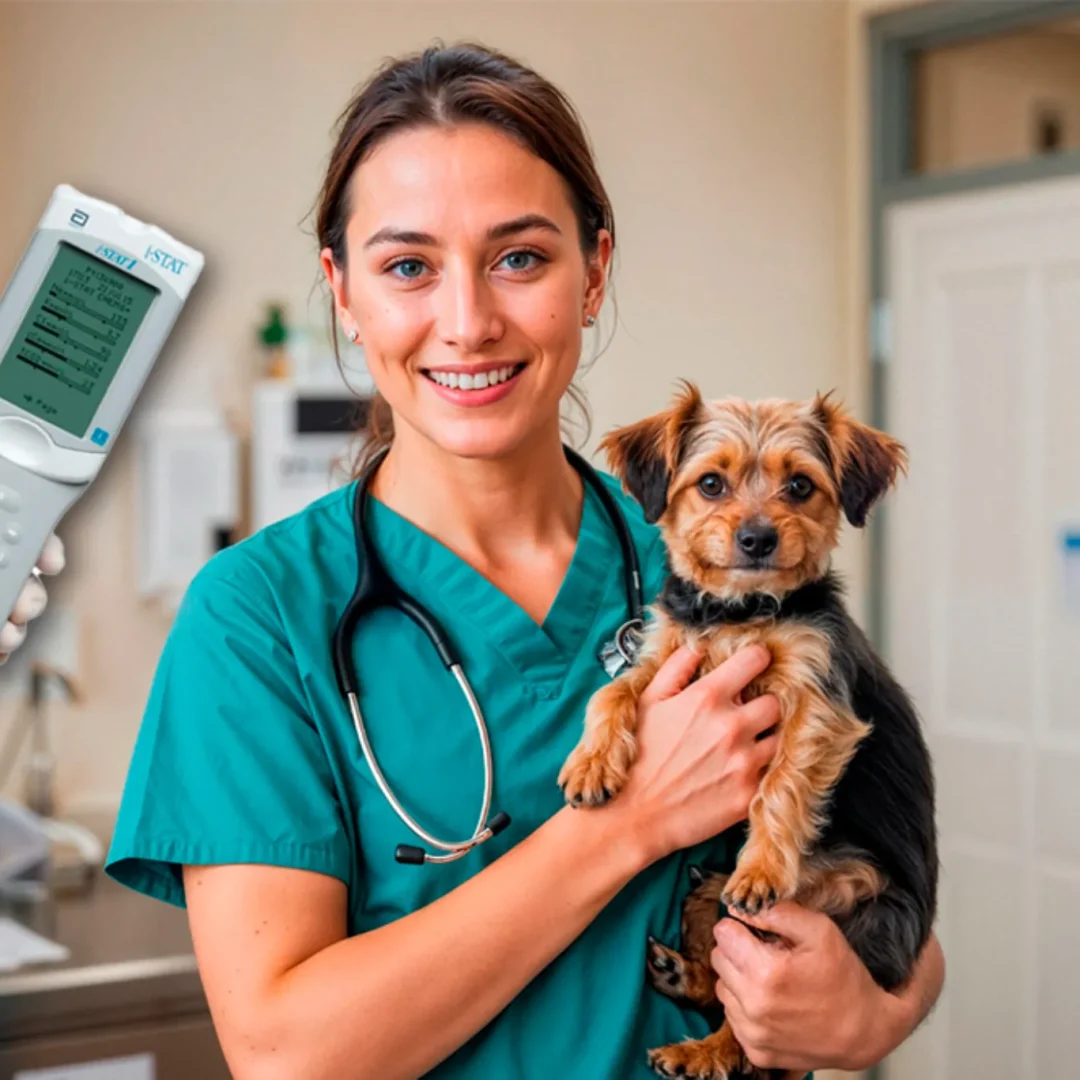 Profissional veterinária realizando gasometria veterinária em clínica, com animal de pequeno porte em atendimento
